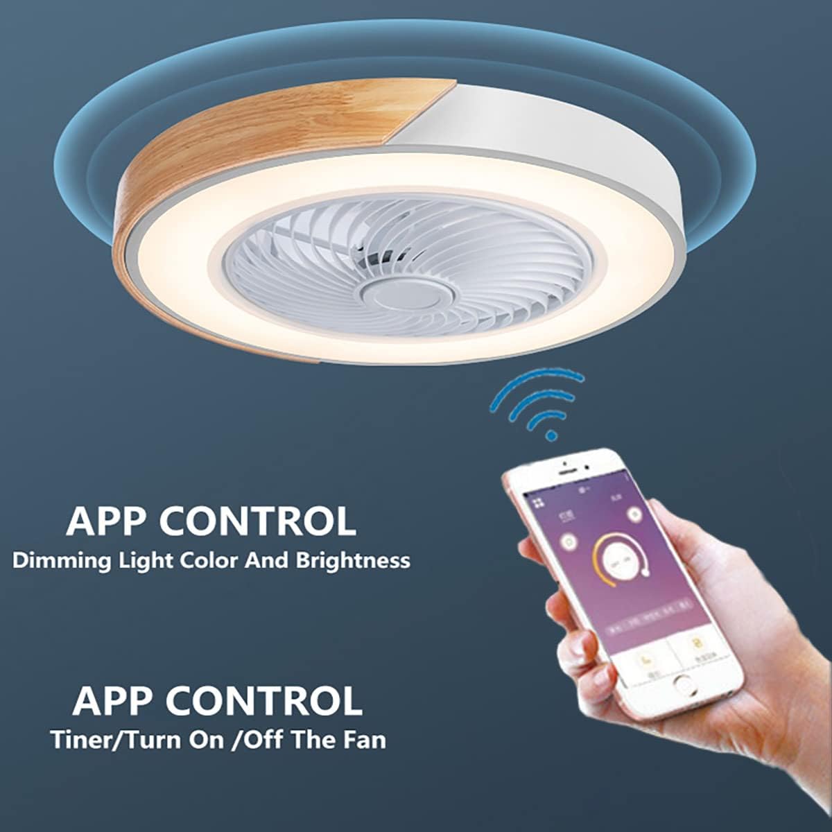 YUEGOO Ultra-Thin Round Ceiling Fan with Light and Remote Control Dimmable 3 Speed Silent Ceiling Fan Light for Bedroom Living Room/Blue