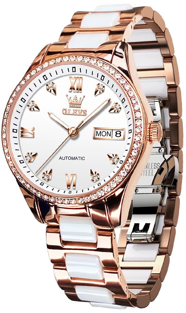 OLEVS Damen Automatikuhr Diamant Lünette modisch wasserdicht Kalender zweifarbig, Edelstahl Keramik Armband