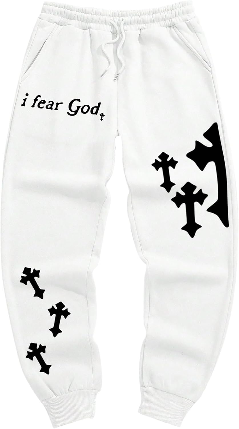 WDIRARA Men's Letter Cross Print Jogger Pants Drawstring Waist Sweatpants with Pockets