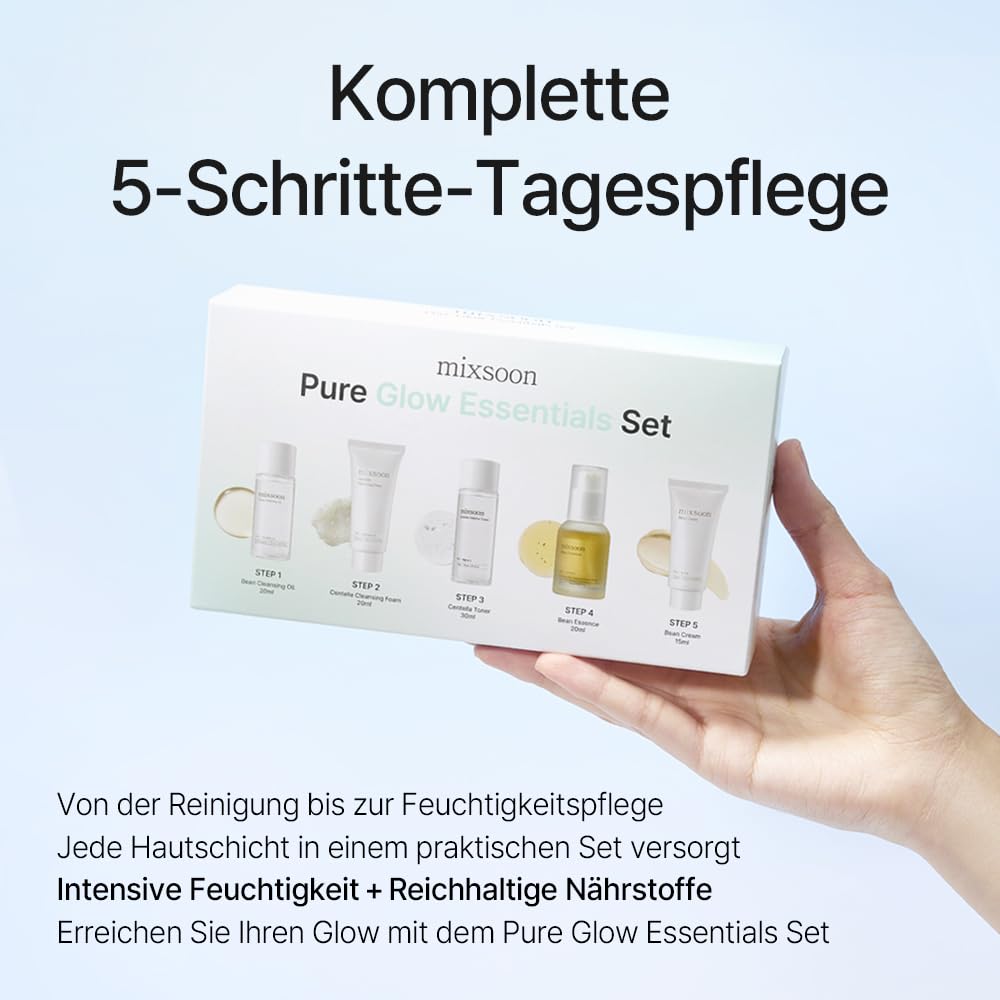 mixsoon Pure Glow Essentials Set - Routine Coreana Glass Skin in 5 Step per Pelli Sensibili, Kit Skincare Idratante con Centella e Acido Ialuronico, 5 Articoli