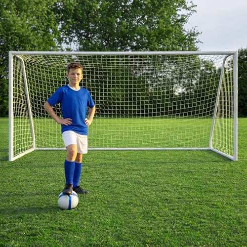 CHARLES BENTLEY Kids, Junior, 10ftx6ft, Plastic, Portable, White, Football Goal, Net, Easy Assembly, Net Clips, Ground Pegs, Polyester, Outdoor, Garden, Patio, Children, Instruction (305x180x122cm)