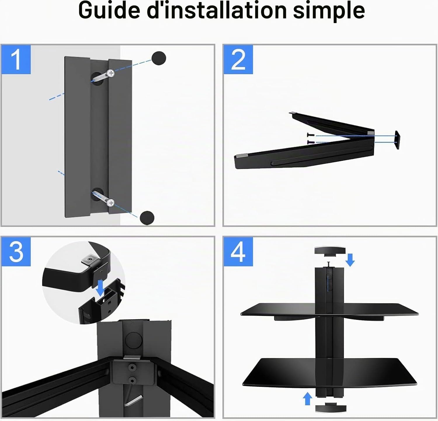 suptek Étagère Murale 2 Niveaux, Support en Verre Trempé, Hauteur Réglable avec Gestion de Câbles, 2 Flottantes Étagères Compatible avec Console de Jeux, Décodeur, Lecteur DVD, Noir, CS202