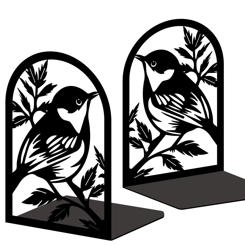 INFUNLY Bird Bookends Decorative Metal Book Ends for Shelves 4.7"×7.1" Non-Skid Heavy Duty Bookends Unique Office Desk Book Stand for Heavy Books Black Book Stopper to Hold Books for Home Office Decor — image 1