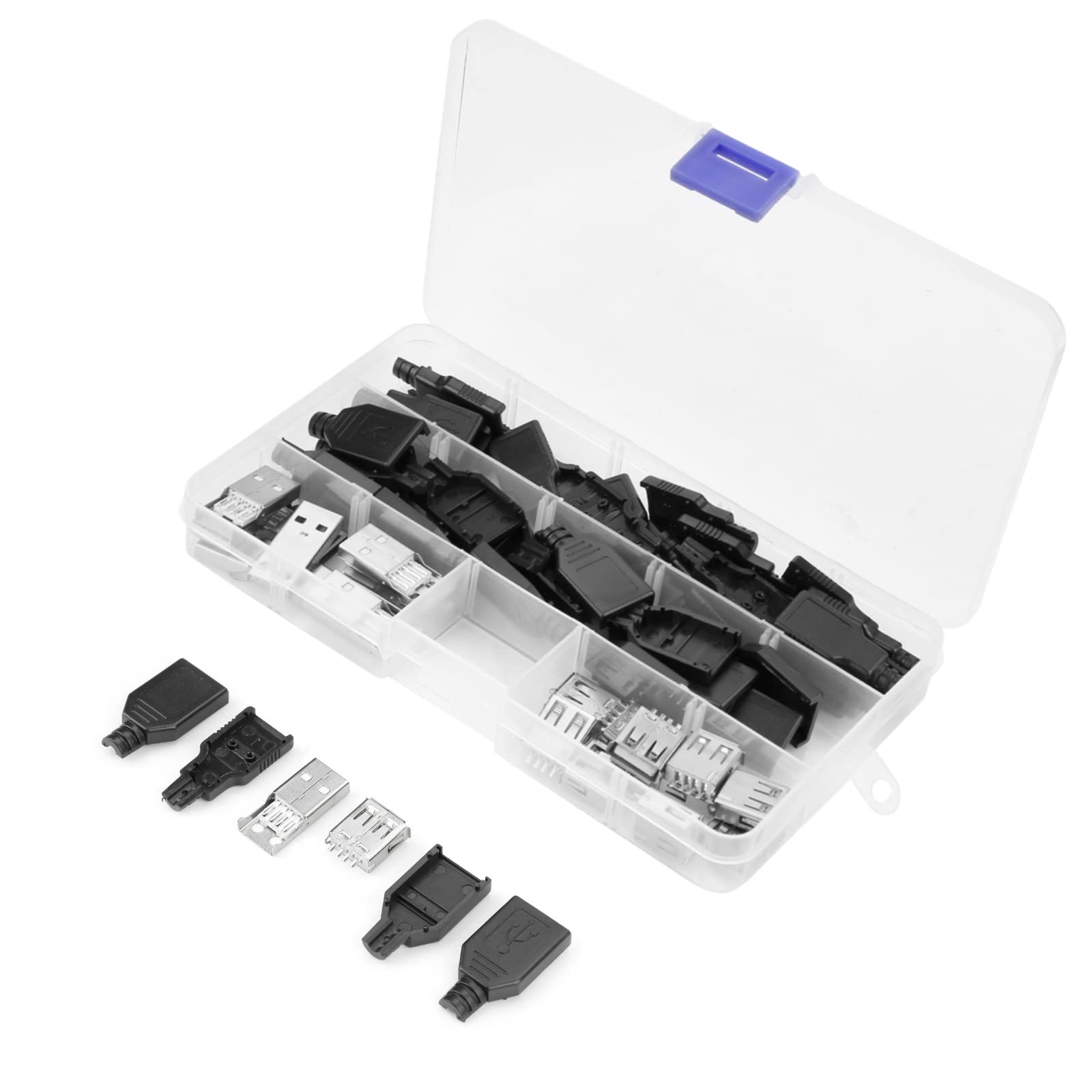 20Pcs 2.0 USB Connector Type A 4 Pin USB Port Plug Socket Adapter with Black Plastic Shell