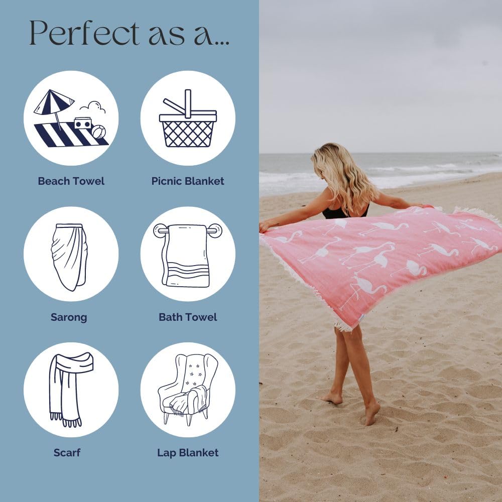 Toalha Turca InfuseZen Flamingo - 100% Algodão Praia Piscina Secagem Rápida 173x89cm
