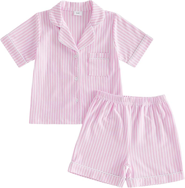 Kuriozud Conjunto de pijamas para bebé niña de verano floral de manga corta con botones, remera y pantalones cortos, 2 piezas de pijamas conjuntos de ropa de dormir