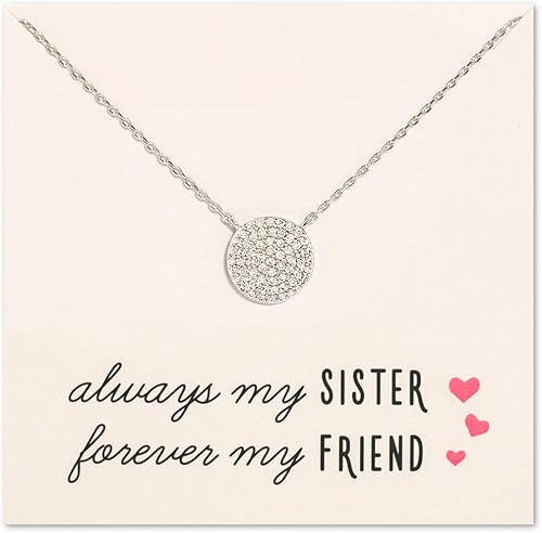 A+O Regalo para hermana, collar con colgante de disco de circonita cúbica pequeña en oro, oro rosa o plata