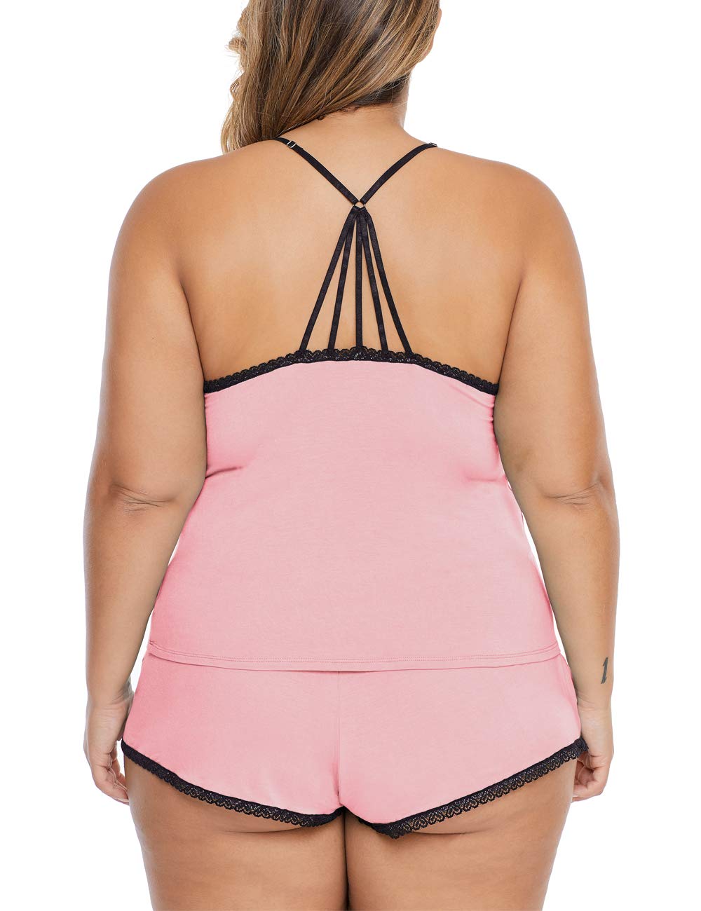 XAKALAKA Women Plus Size Pajamas Cami Shorts Set Nightwear Sexy Lace Lingerie Sleepwear: 3X-Large Pink