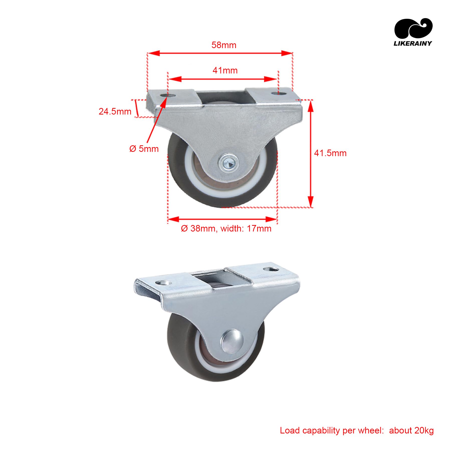 LIKERAINY Silent TPR Castors diameter 38 x 17 mm with Plate Fixing Rubber Wheels without Brake Replacement for Mobile Furniture Chest Caster Wheels Loading Capability 80kg Pack of 4 pcs - Image 2