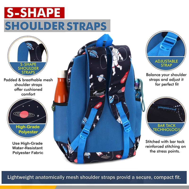 Image of Chris and Kate Astronaut Printed Bookbag School Bag for Boys, Girls Childern Unisex Kids, Suitable for Tuition, Picnics and Casual Outings with a Free Stationery Pouch and Rain Dust Cover Backpack
