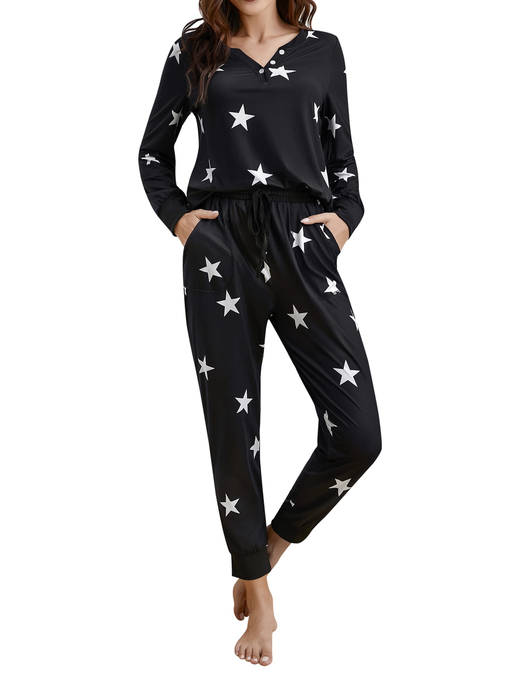 Clearlove Pyjama dames lange tweedelige nachtkleding lange mouwen pyjama set vrouwen huispak loungewear, zwart, S