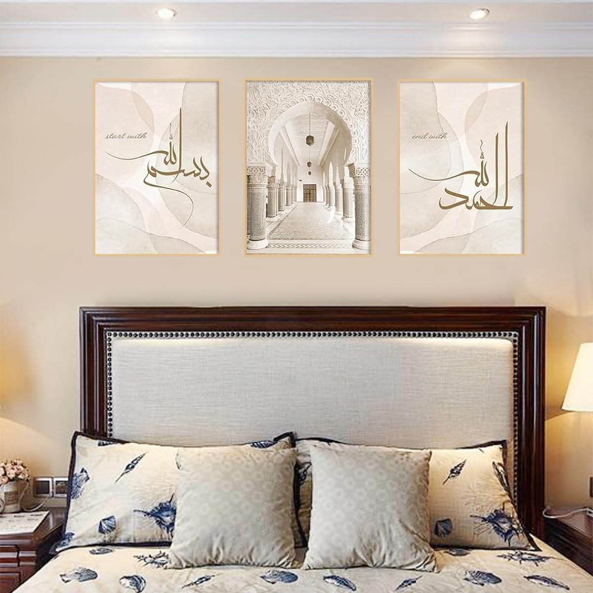 AEEYDDWE Lot de 3 posters modernes beiges, architecture islamique et motifs textuels, matériau sur toile, décoration pour salon, chambre à coucher, bureau, sans cadre (80 x 120 cm)