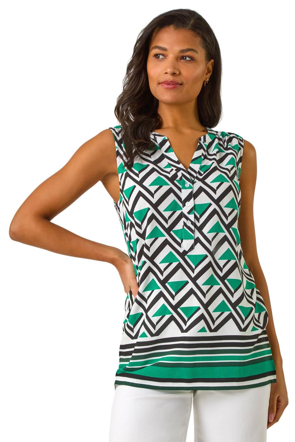 Roman Women's Geo Print Border V-Neck Vest in Green | Size: 12