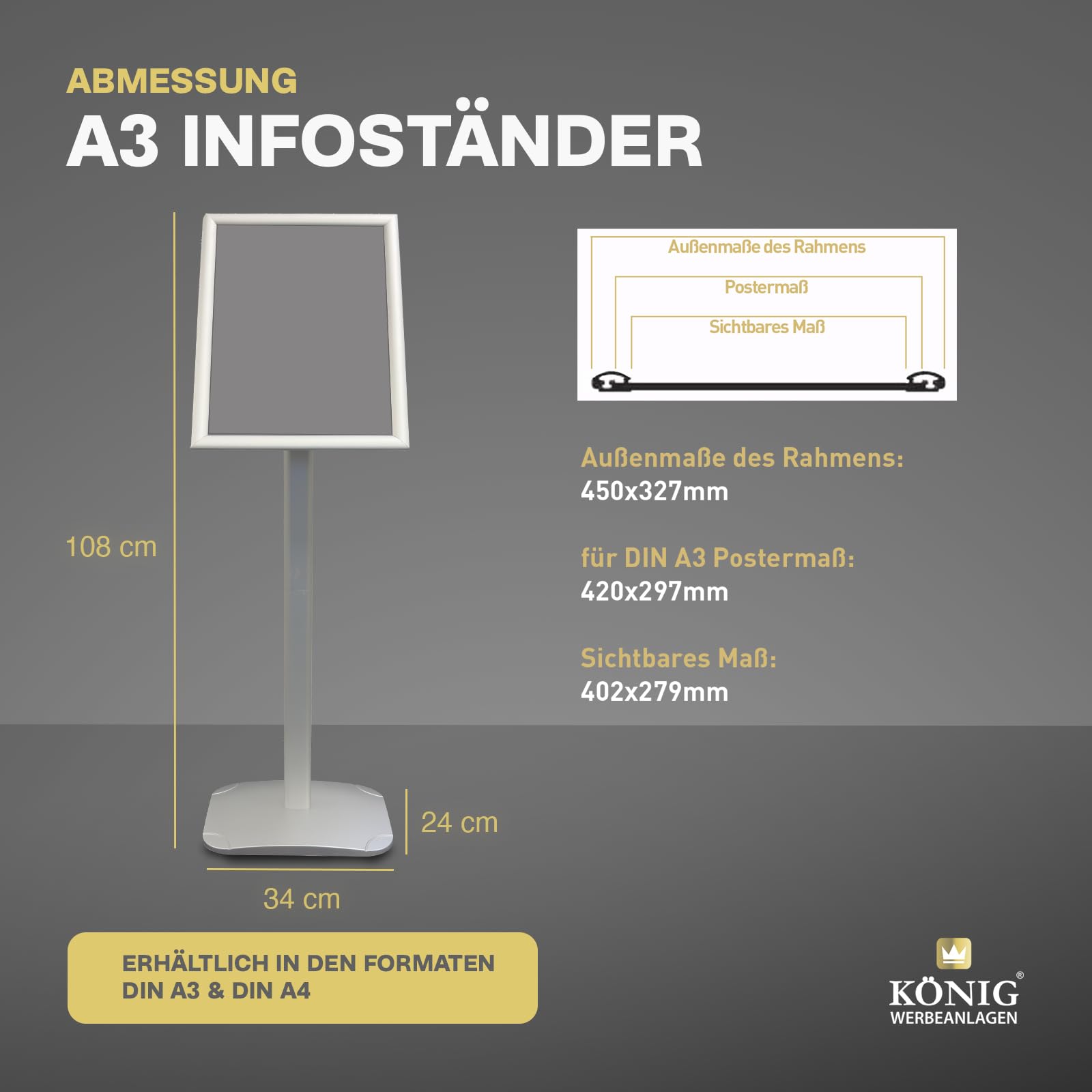 König Werbeanlagen Dreifke® Infoständer Rantum A3 silber | drehbar im Hoch – und Querformat | Aluminium Klapprahmen | Menüständer | Kundenstopper | Präsentationsständer