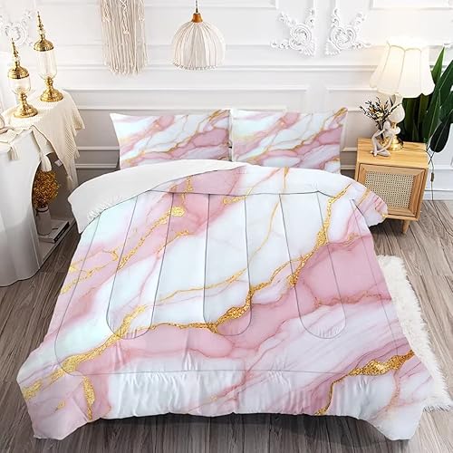 Miniatura 1 de Juego de ropa de cama con diseño de mármol, tamaño Queen, color rosa pálido, elegante, dorado, para niñas, adolescentes y mujeres, edredón de lujo