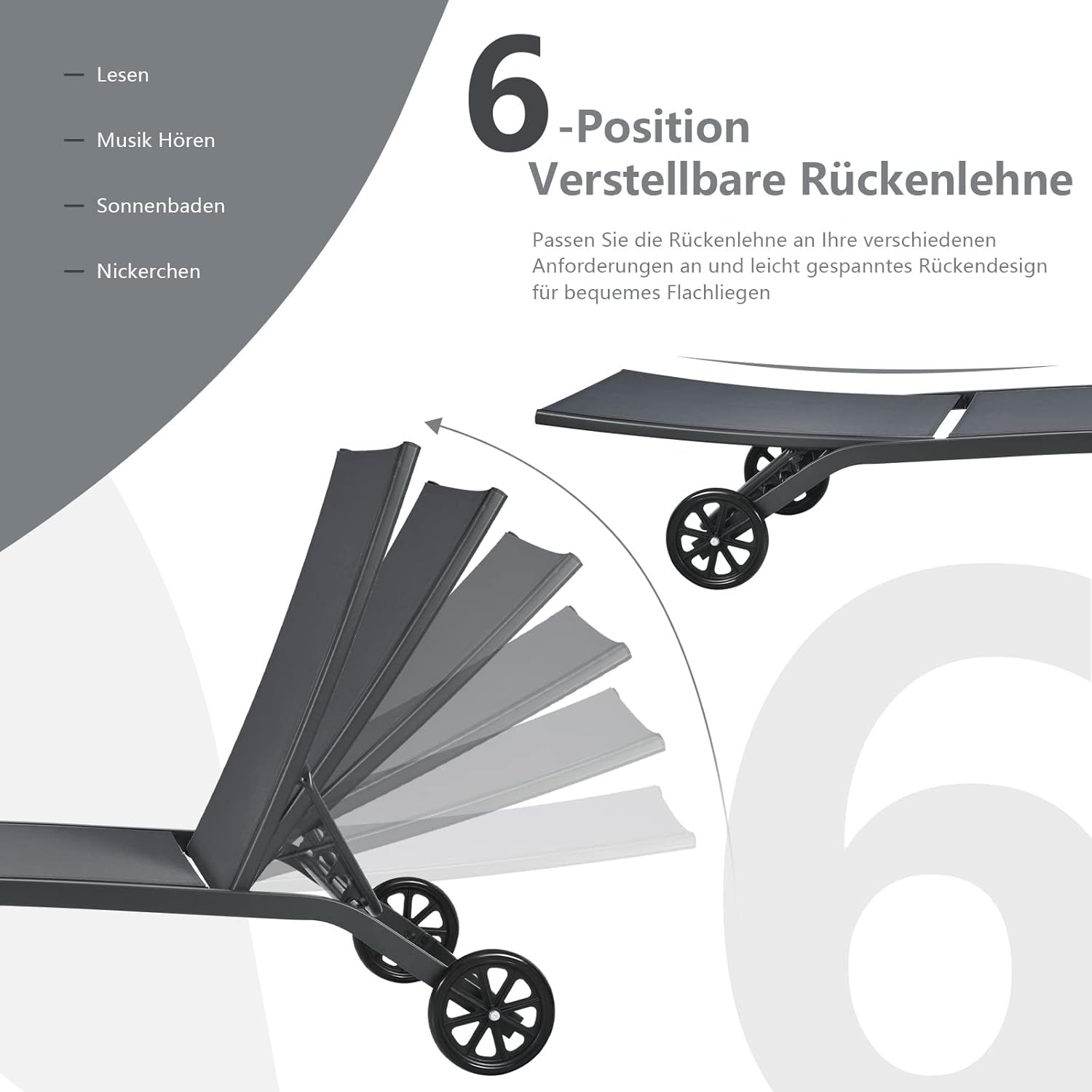 GOPLUS 2er Set Sonnenliege mit Rollen, Gartenliege wetterfest, Liegestuhl, Relaxliege mit 6-stufig Verstellbarer Rückenlehne, bis zu 150kg belastbar, Sonnenliege für Terrasse, Garten, Pool, Grau