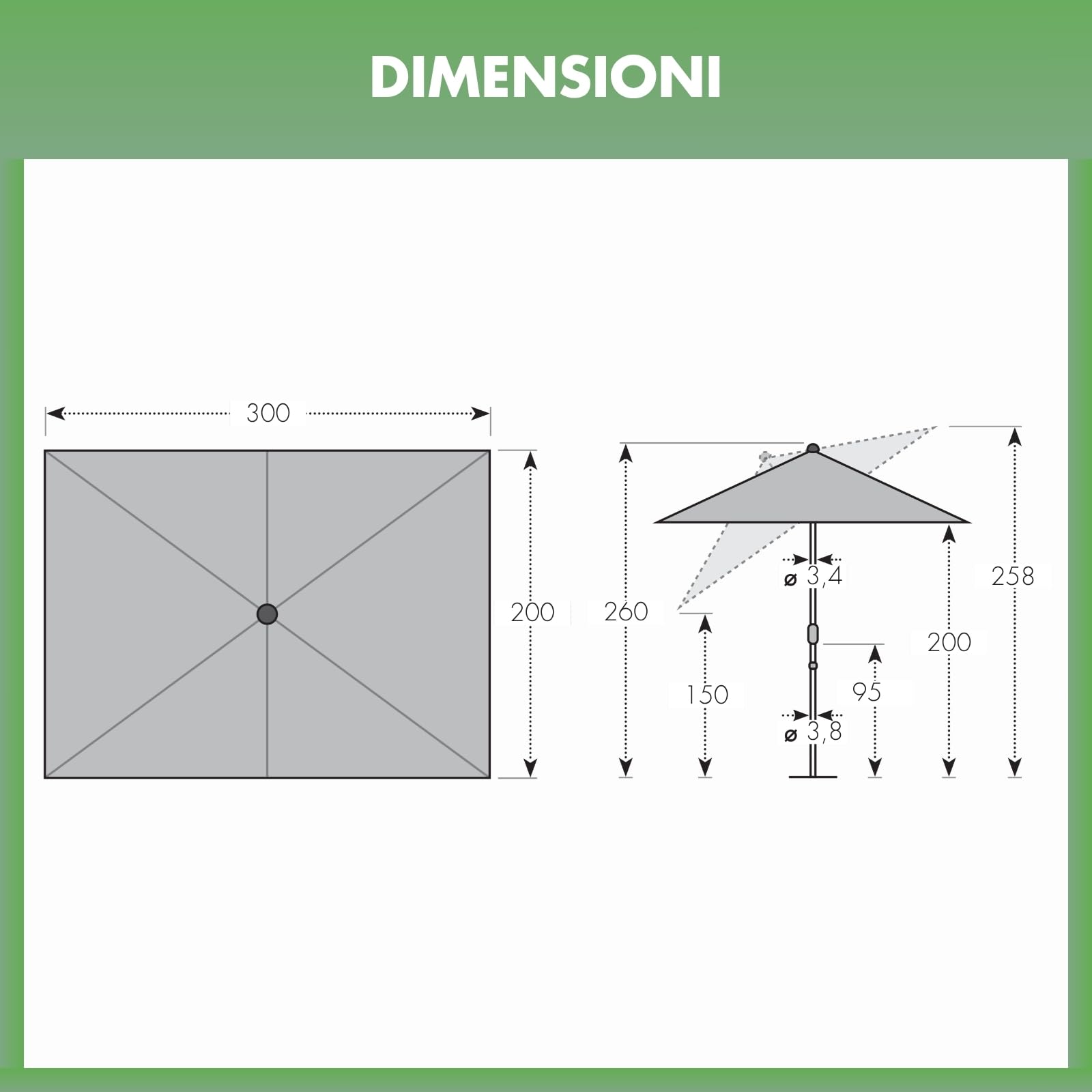 doppler ombrellone Jack 300x200 cm, Naturale, manovella, giardino, UV 50+
