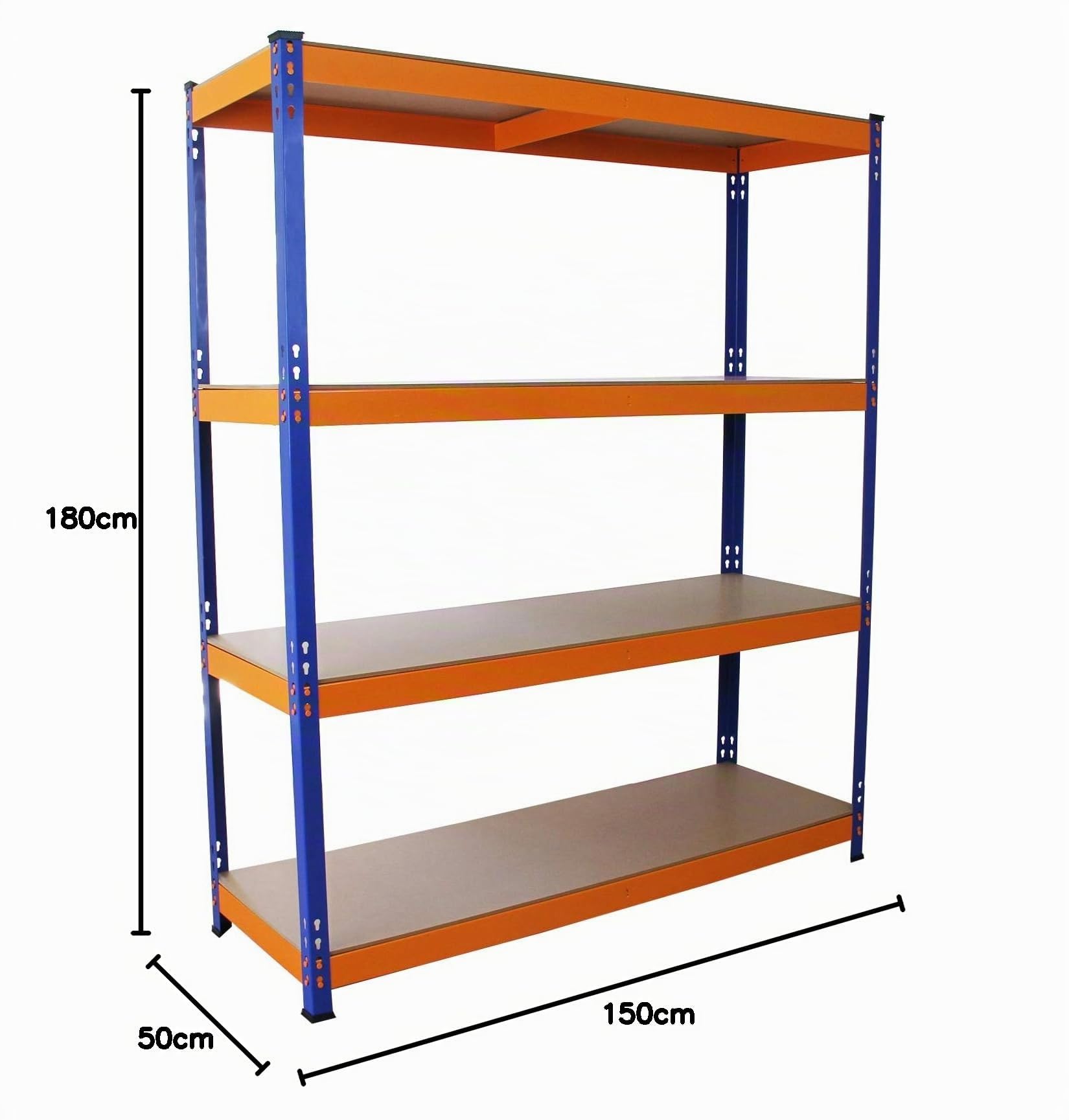 Estantería Metálica Azul y Naranja S-Rax Sin Tornillos 150x50x180cm de 4 Estantes Baldas Repisas Capacidad 265kg por Estante Almacenamiento Almacenaje Herramientas Cobertizo Oficina Taller Garaje