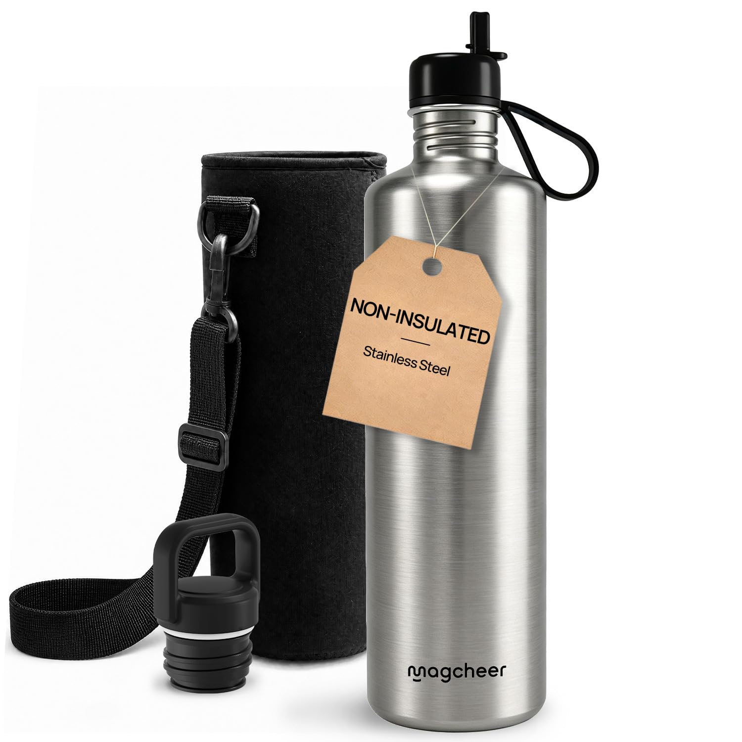 magcheer Non-Insulated 2 Litre Water Bottle Stainless Steel with Straw & Spout Lids | Large Metal Jug with Bag | Leakproof Dishwasher Safe | Eco Reusable Flask for Hiking Camping Gym(Silver) — image 1