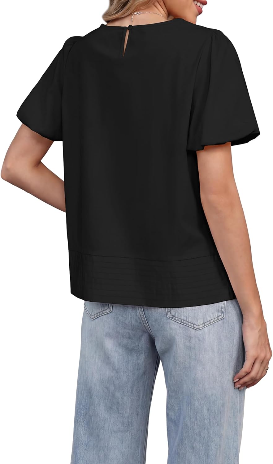 Funlingo Womens Puff Sleeve Babydoll Tops Summer Crew Neck Pleated Blouses Casual Loose Fit Flowy Swing Shirts - Image 3