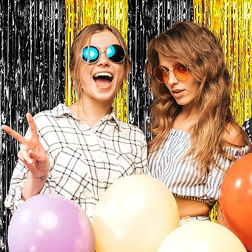 Image of 3 Pack Black Gold Foil Fringe Curtain Backdrop, 3.28Ft x 9.8Ft Metallic Tinsel Foil Fringe Streamer Curtains for Photo Booth, Christmas Day, Thanksgiving, Wedding, New Year Party Decorations