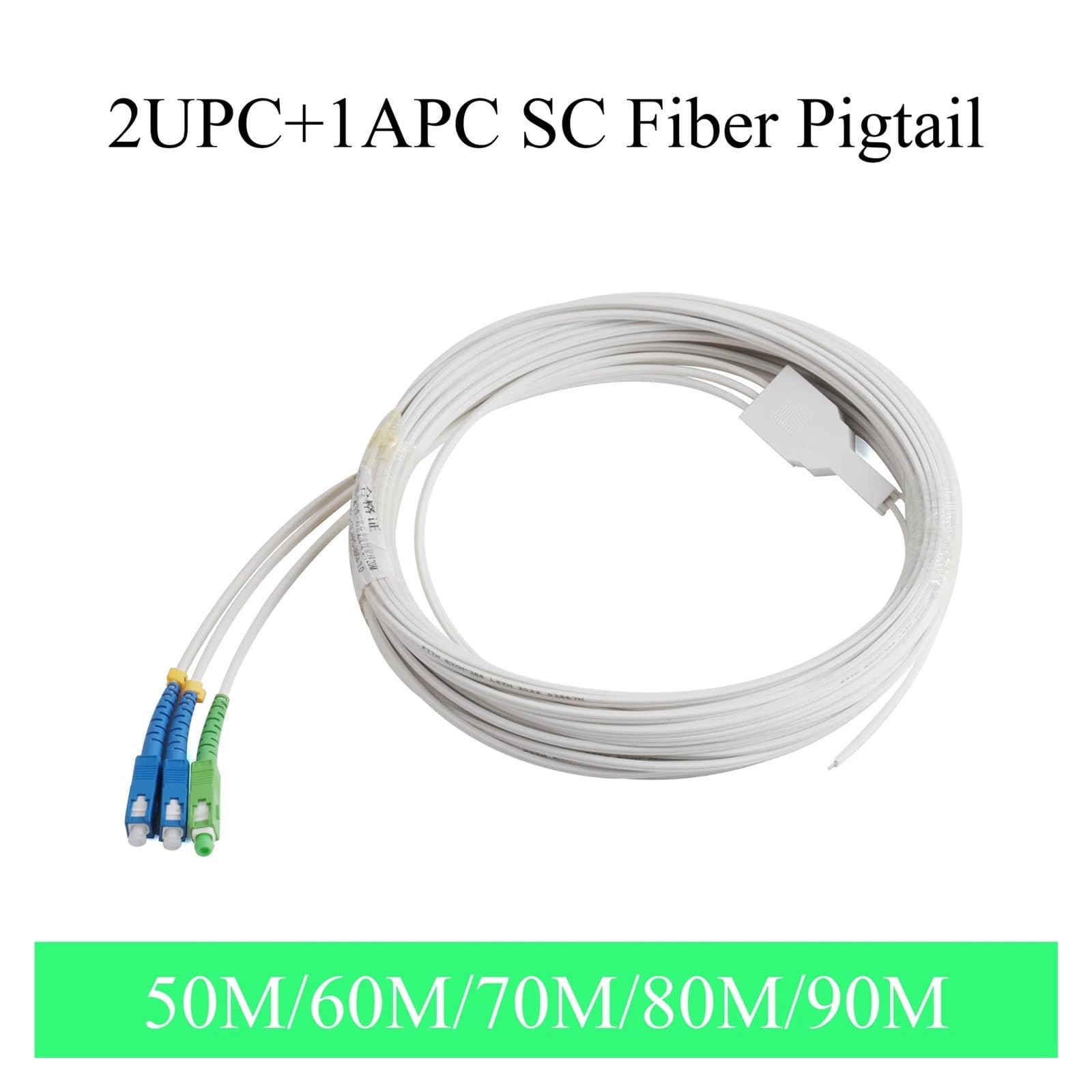 Pigtail à fibre optique 3 cœurs 2UPC+1APC SC intérieur monomode 50-90 m(90m)