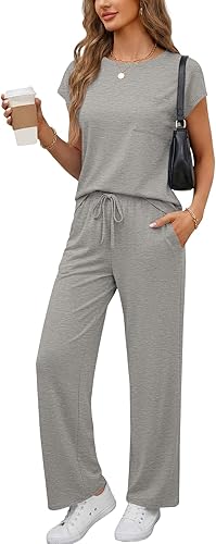KIFOVEN Women's 2 Piece Outfits Pockets Round Neck Top with Wide Leg Pants Sets 