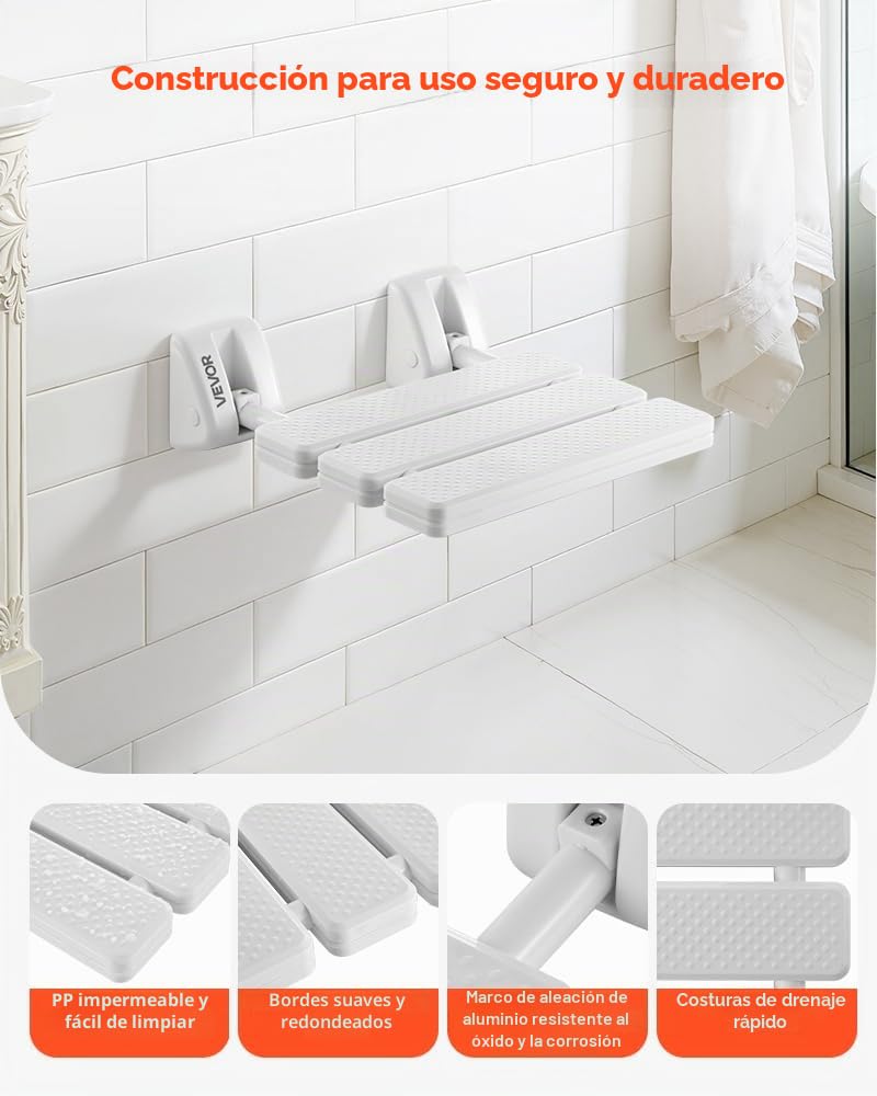 VEVOR Asiento de Ducha Abatible de PP, Silla de Ducha Plegable Montaje en Pared con Marco de Aleación de Aluminio, Taburete de Baño con Capacidad de Carga de 100 kg, para Adultos, Mayores, Blanco