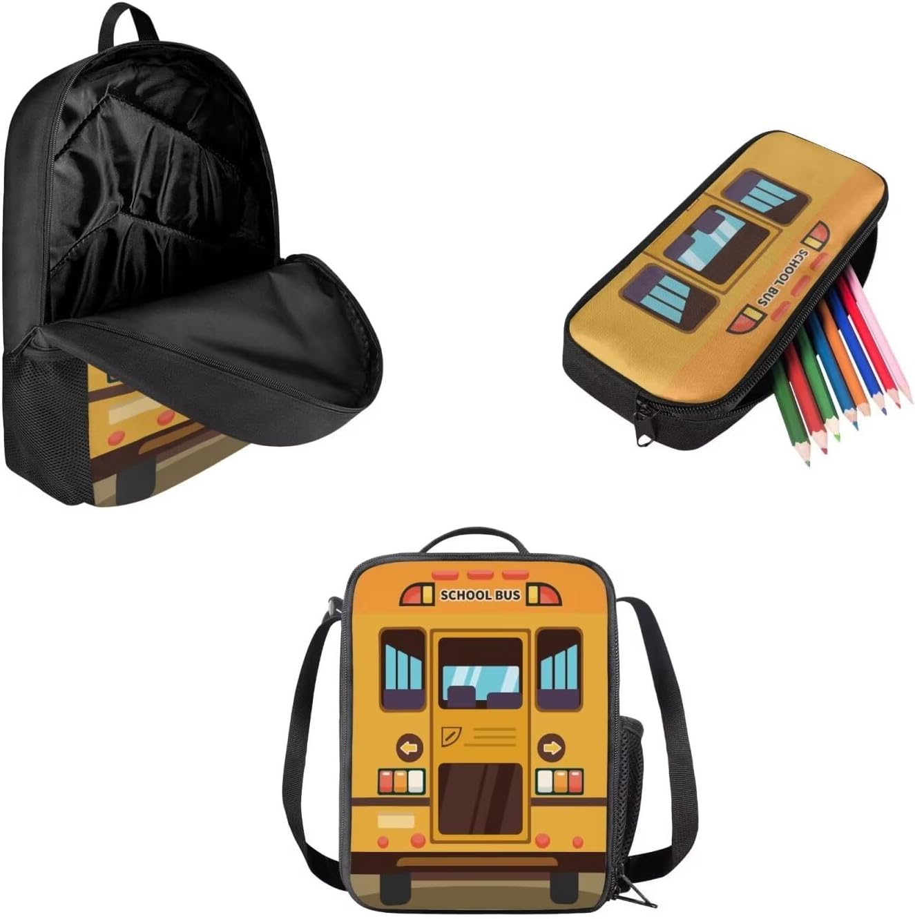 Yellow Cartoon School Bus Print Space Stars Bookbag Cute Animal Pattern Schoolbag with Lunch Bag Pencil Bag Kids Backpack for Teens Kids Elementary School Bag