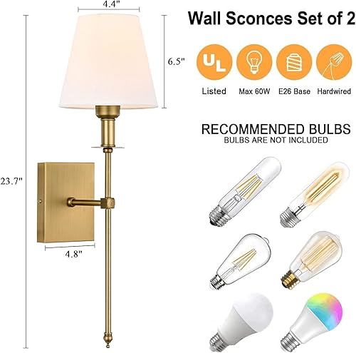 Miniatura 3 de Pauwer Juego de 2 apliques de pared delgados con pantalla de tela blanca cableada para interiores, soporte de columna para dormitorio, lámpara de