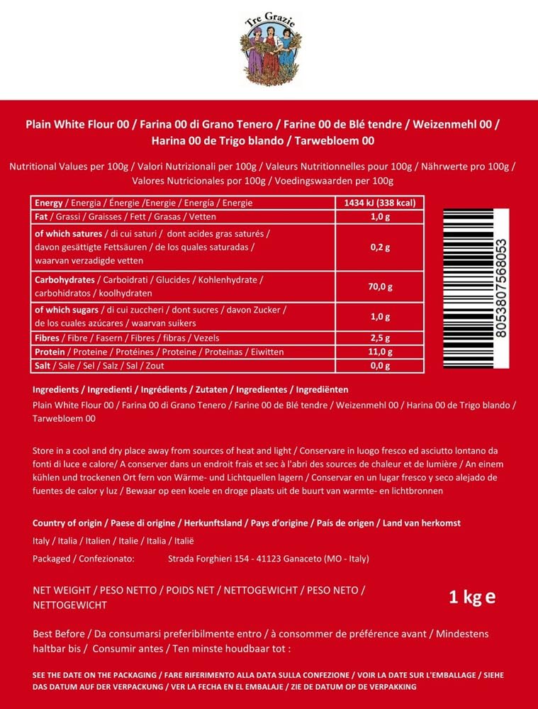 Tre Grazie - Harina de Trigo Tipo 00 (1Kg) - Calidad Italiana | Ideal para Pizza