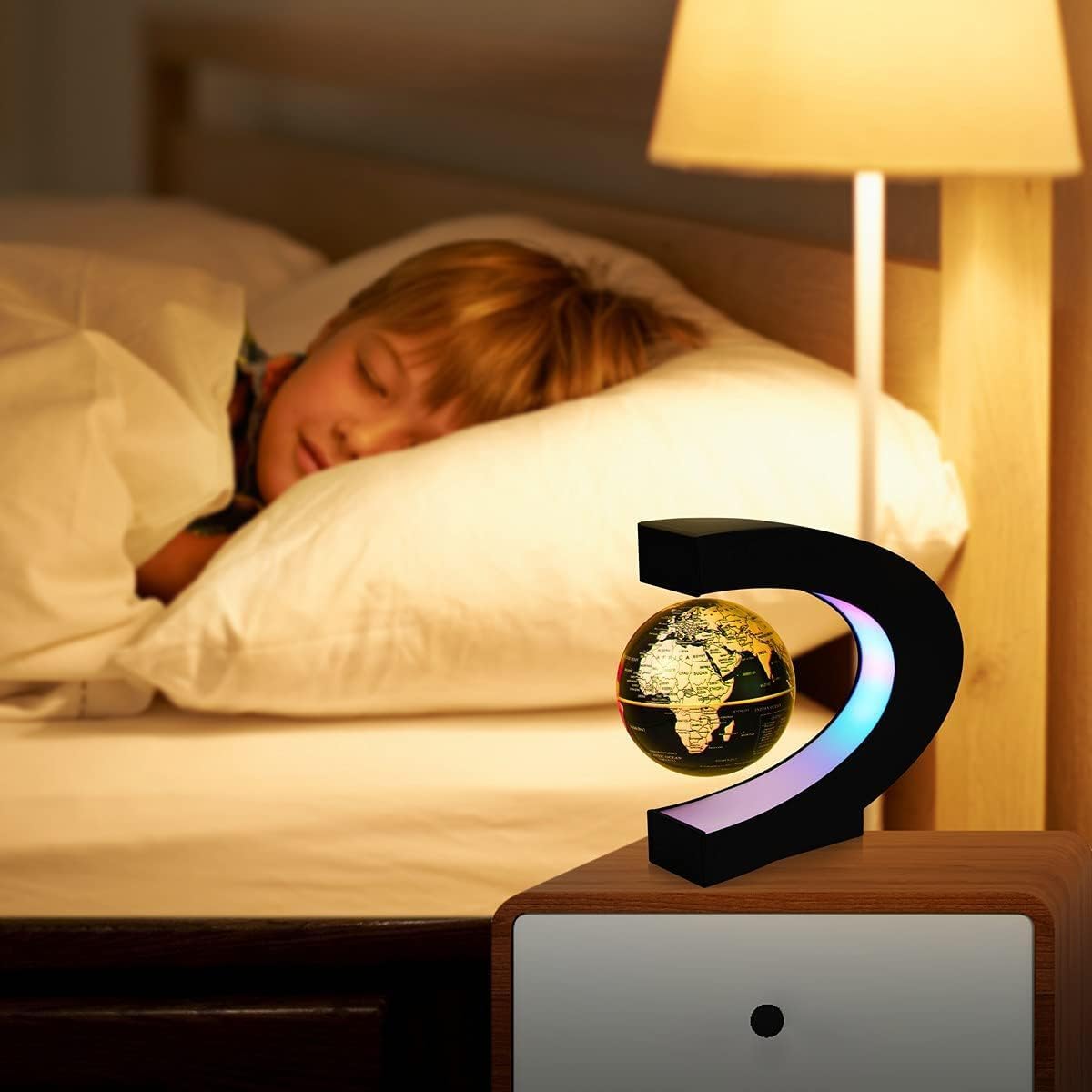 Levitating Globe C Shape,Floating and Rotating Ball World Map Globe with Colored LED Light,Cool Geographic Globes Anti Gravity, Earth Demo,Home Decor Gadget Gift