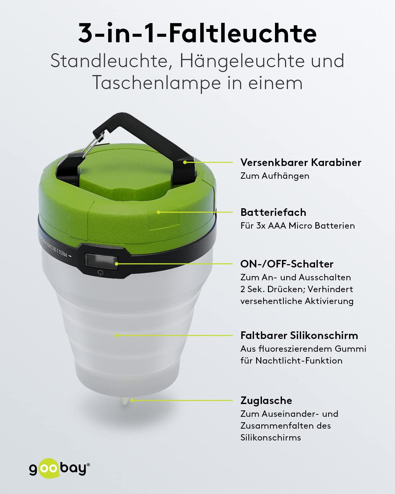 goobay 58392 LED lampa kempingowa / 1 W / 3 w 1 składana / strumień świetlny 90 lm / lampa wisząca / latarka LED / lampka nocna na kemping i aktywności na świeżym powietrzu / obowiązkowa pozycja na
