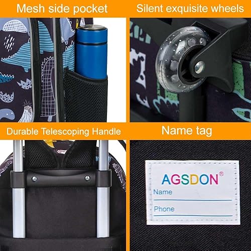 Miniatura 6 de gxtvo Mochila con ruedas para niños, mochila con ruedas enrollables para niños, maleta con ruedas, bolsa de escuela primaria, 3 unidades, dinosaurio