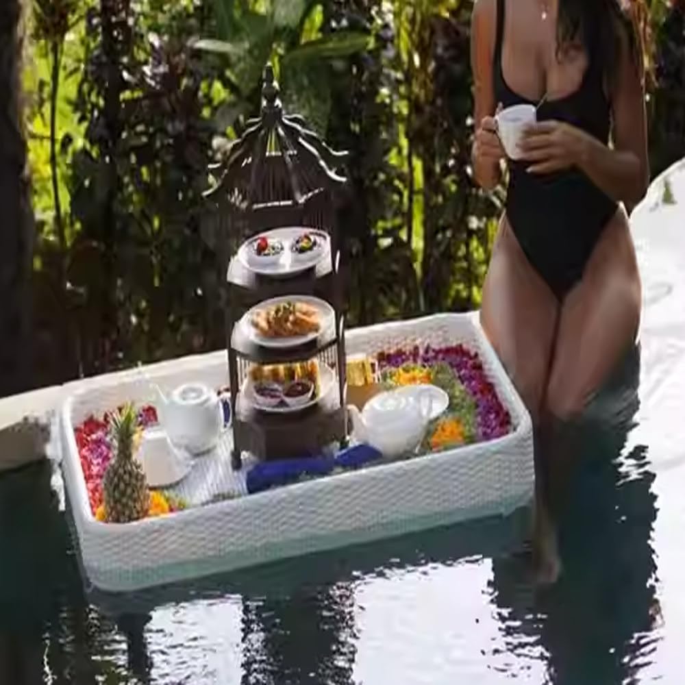 Bandeja flotante de ratán extra grande hecha a mano para piscina, playa, fiesta o jacuzzi, ideal para bebidas y aperitivos, 80 x 80 x 15 cm, accesorio perfecto para el verano