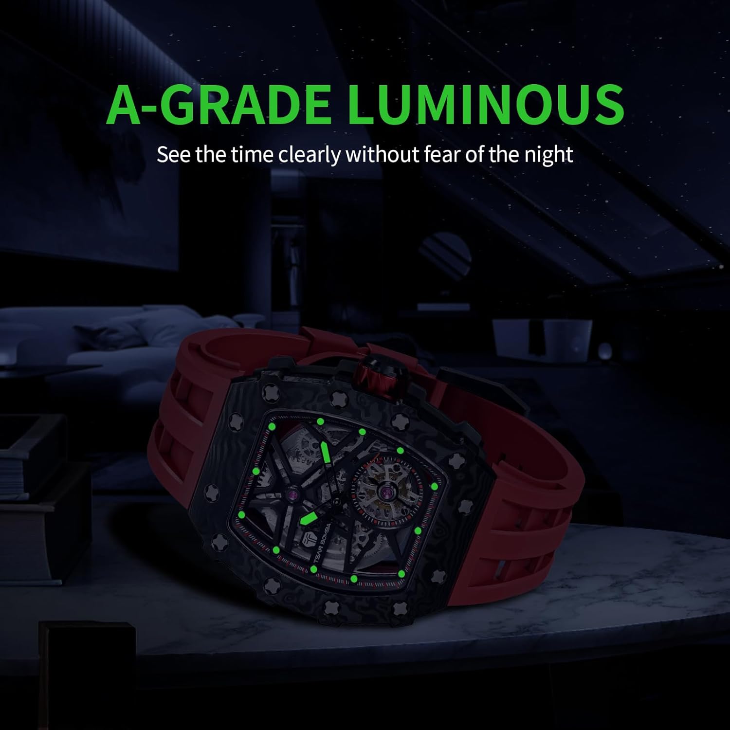 TSAR BOMBA Men's Automatic Watch Mechanical Tonneau Luxury Skeleton Watches for Men 50M Waterproof Analogue Work Mens Wrist Watch Unique Cool Design Square Silver Big Face Wristwatch Silicone Strap