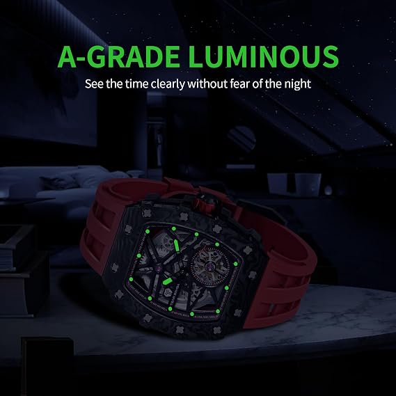 TSAR BOMBA Men's Watch Automatic 50M Waterproof Mechanical Wristwatch Skeleton Tonneau Design Luxury Square Stylish Sports Work Watches for Men Gift for Men