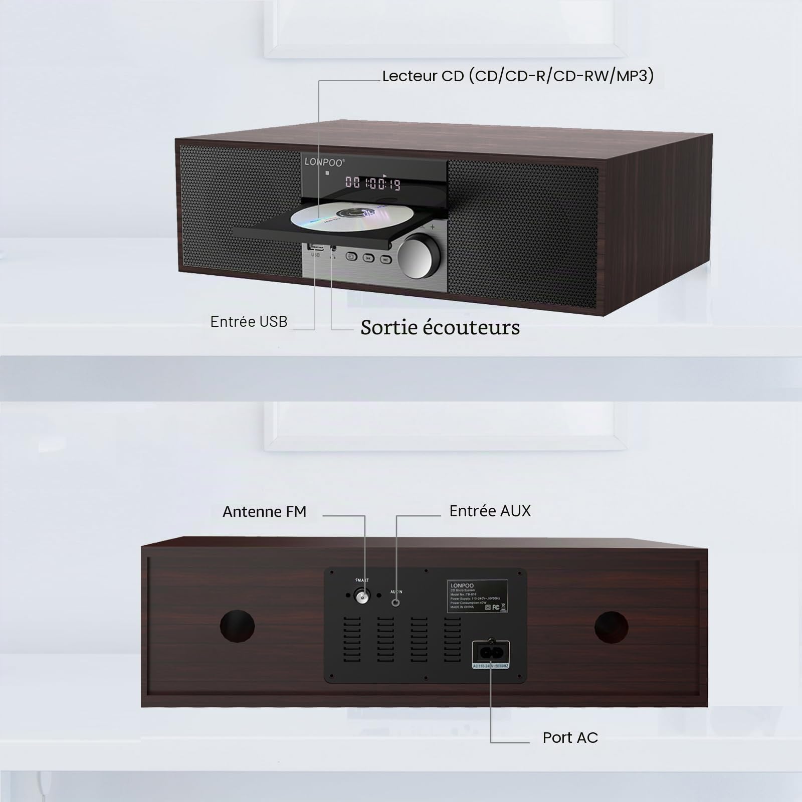 Micro Chaîne HiFi stéréo compacte - Haut-parleurs 40 Watts avec Lecteur CD, Bluetooth, Radio FM, USB, AUX-in, Grand écran LED et Bouton, télécommande (LP-816)
