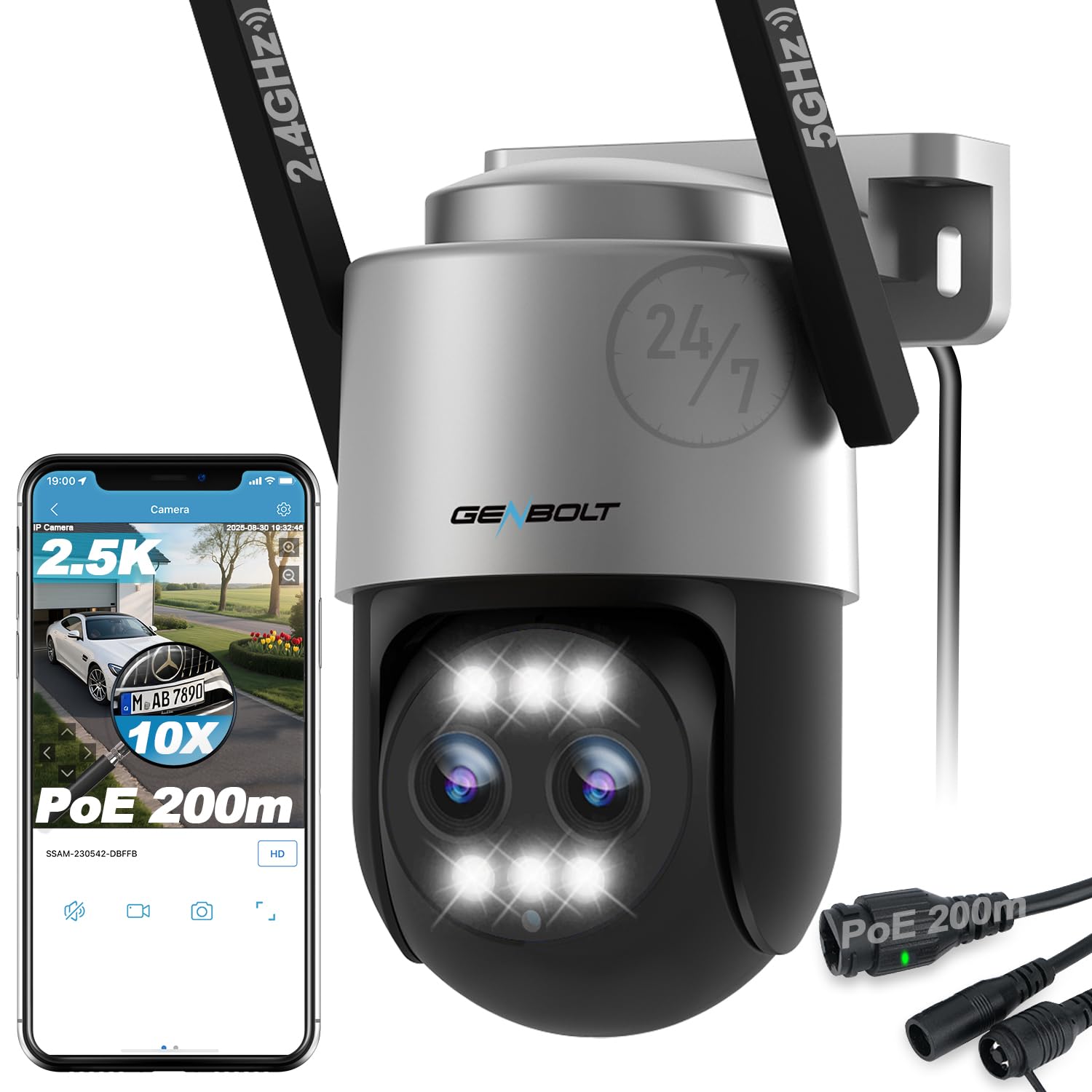 GENBOLT Telecamera Wi-Fi Esterni, Doppia Lente 2.5K Telecamera CCTV IP | Zoom ibrido 10X,Registrazione Continua 24/7,PTZ,Intelligente Automatico,Rilevamento Persone,Notturna Colori,IP66[DC&POE]