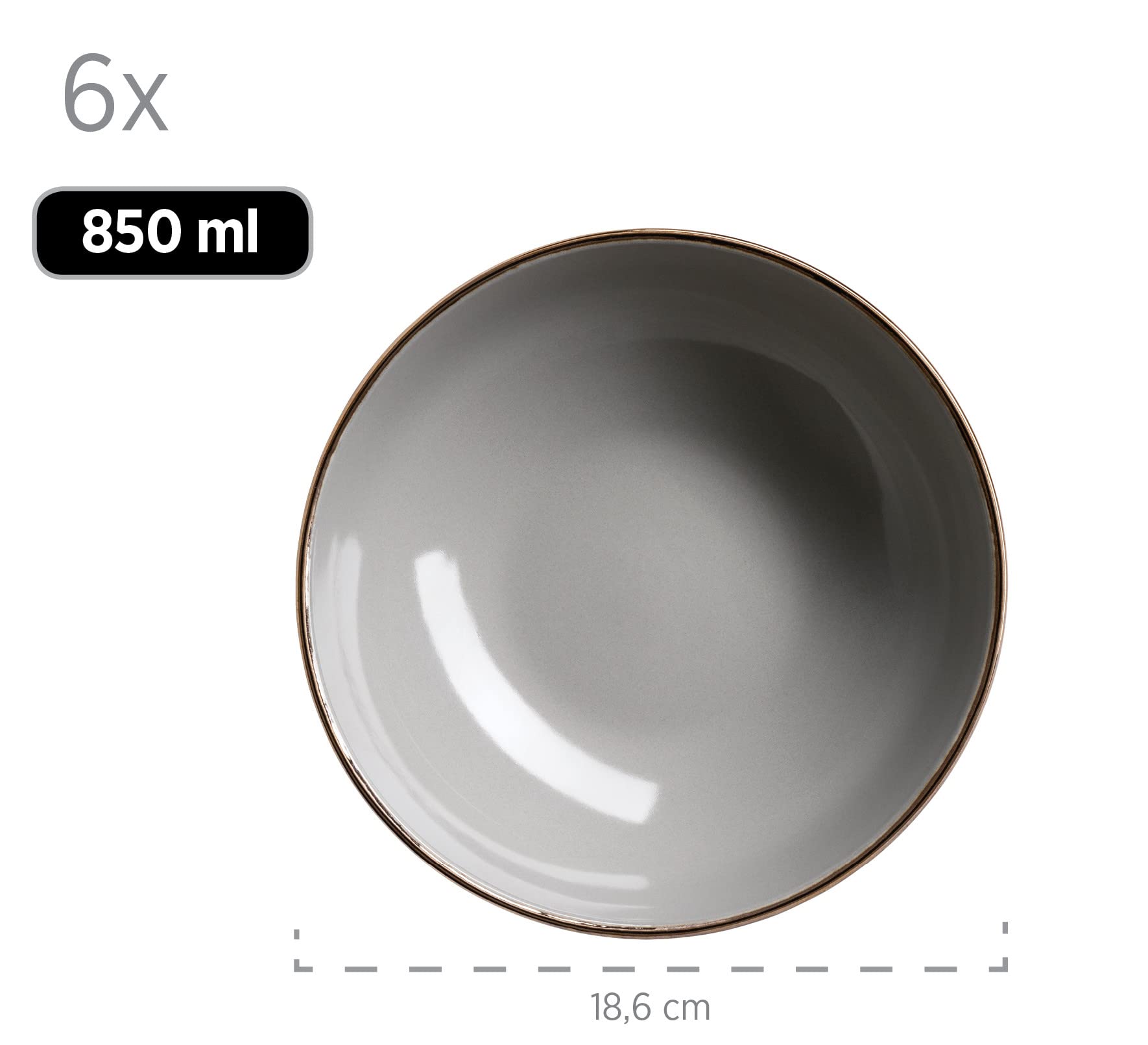 MÄSER Metallic Rim, Modernes Geschirr Set für 6 Personen mit messingfarbenem Rand, 24-teiliges Kombiservice mit randlosen Coupe-Formen, Steinzeug, Grau