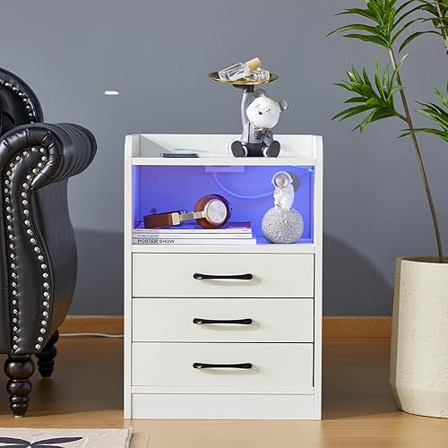 Mesita de noche blanca con 3 cajones con puerto USB y tomas de corriente, mesita de noche con estación de carga y luces LED, mesita de noche con 3