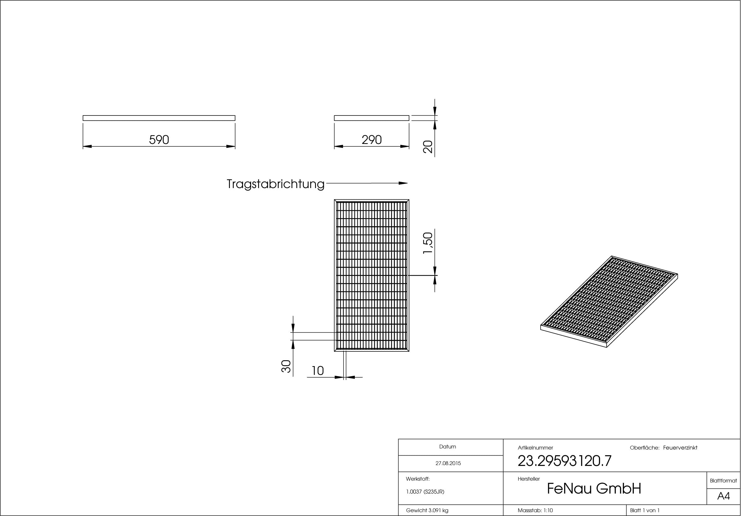 Fenau | Rejilla de acero piso Dimensiones: 290 x 590 x 20 mm - MW: 30 mm / 10 mm (galvanizado en caliente) (Apto para marco: Fenau 300 x 600 x 23 mm)