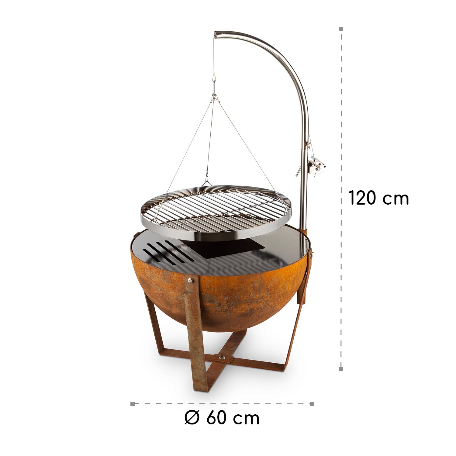 blumfeldt Fire Globe Brasero con Parrilla, Anillo Ø 59 cm, Brasero Ø 60 cm, Rejilla Ø 59 cm, 60 x 120 cm (Ø x H), Look Usado: Aspecto óxido, Regulable en Altura, marrón