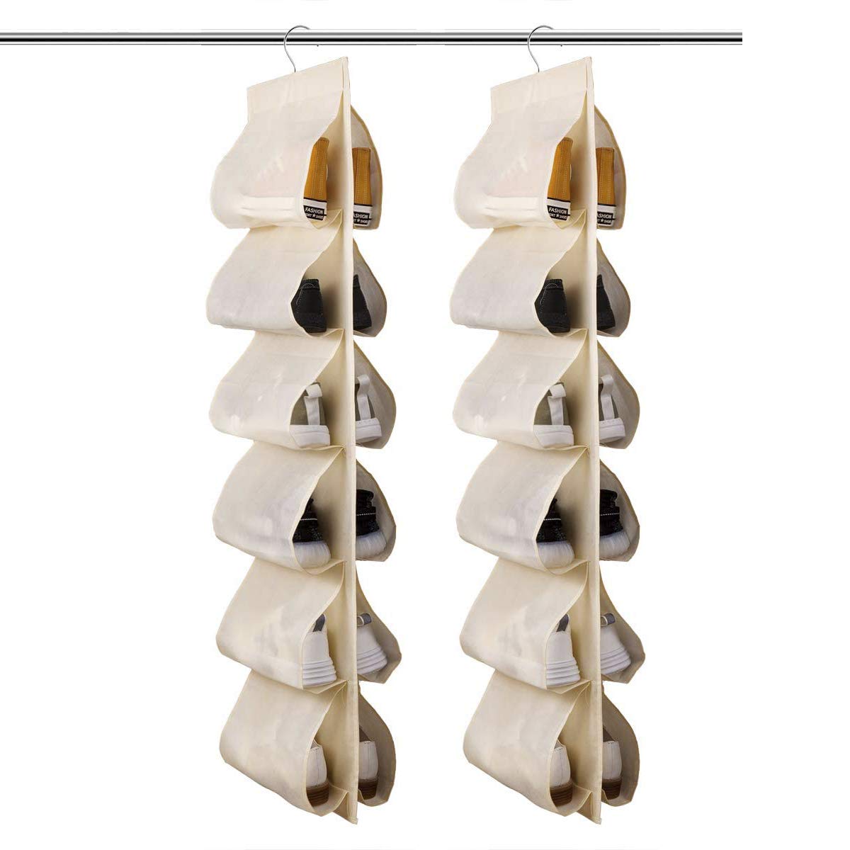 PrettyKrafts Hanging Shoe Organizer 12 Pockets Storage Shelf Organizer, Pack of 2, Beige-image-42