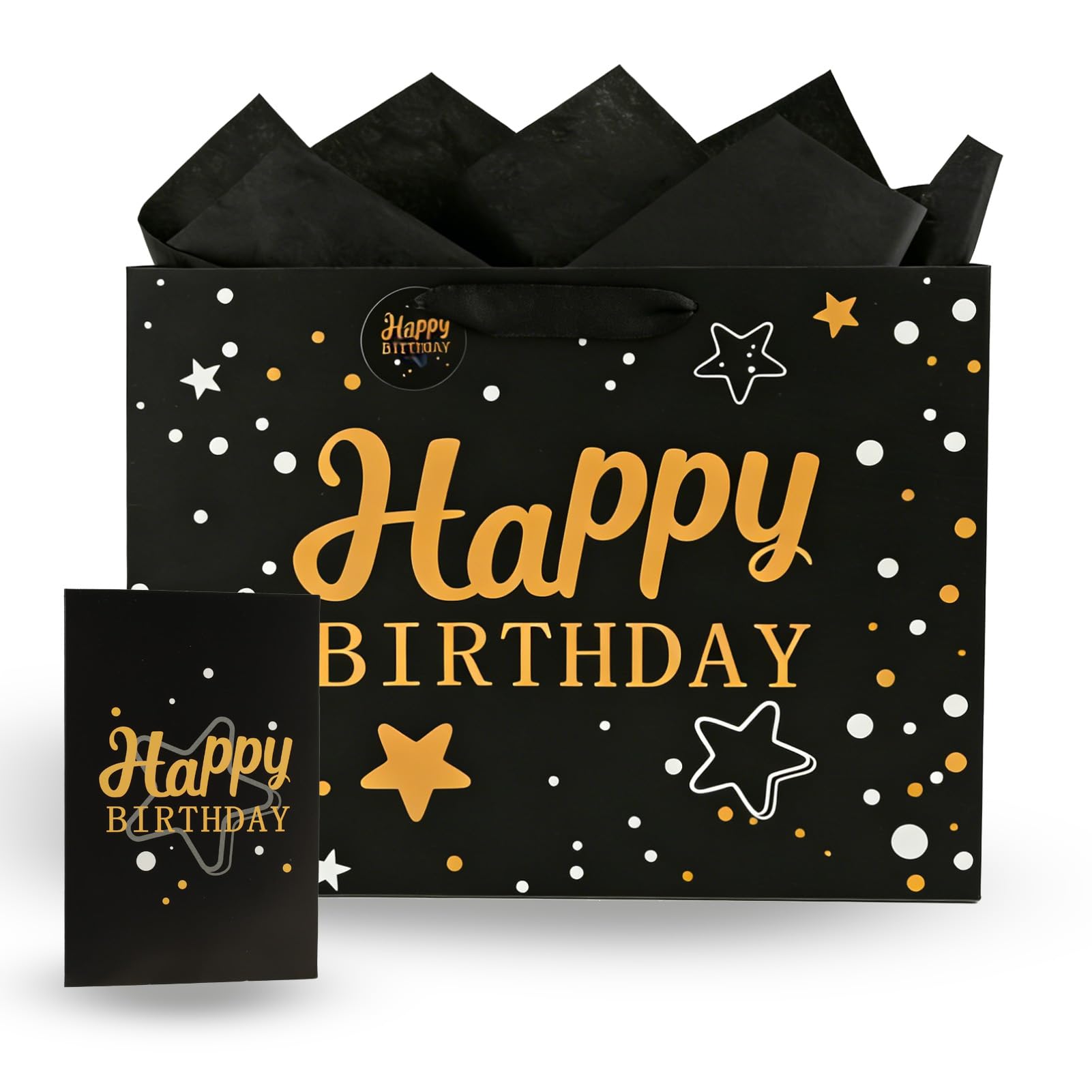 LUCTHY Large Birthday Gift Bag with Handles, 3 Tissue Papers, Card, Black-1