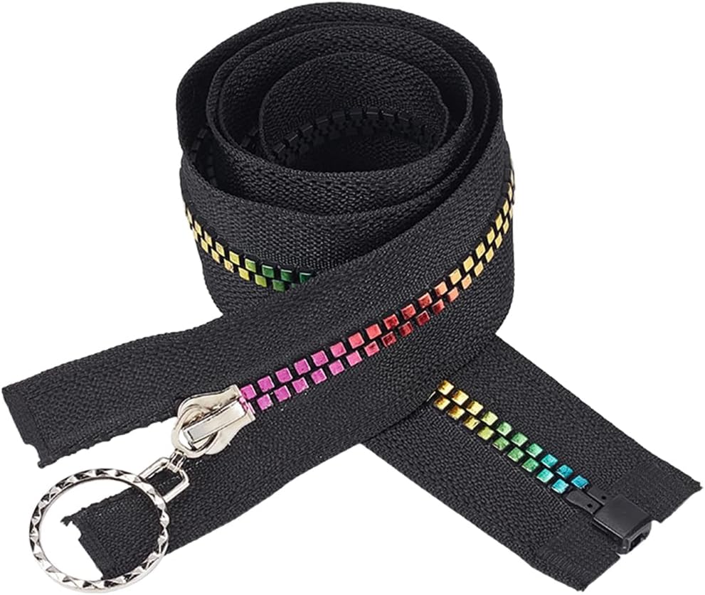 CABODYALS 4Pcs #5 White Metallic Rainbow Zipper Tape by The Yard Teeth Resin Colorful Coil Sliver Metal Round Ring Pull Nylon Separating Zippers Bulk for Sewing Making Tailor Bag Clothes Crafts Decor