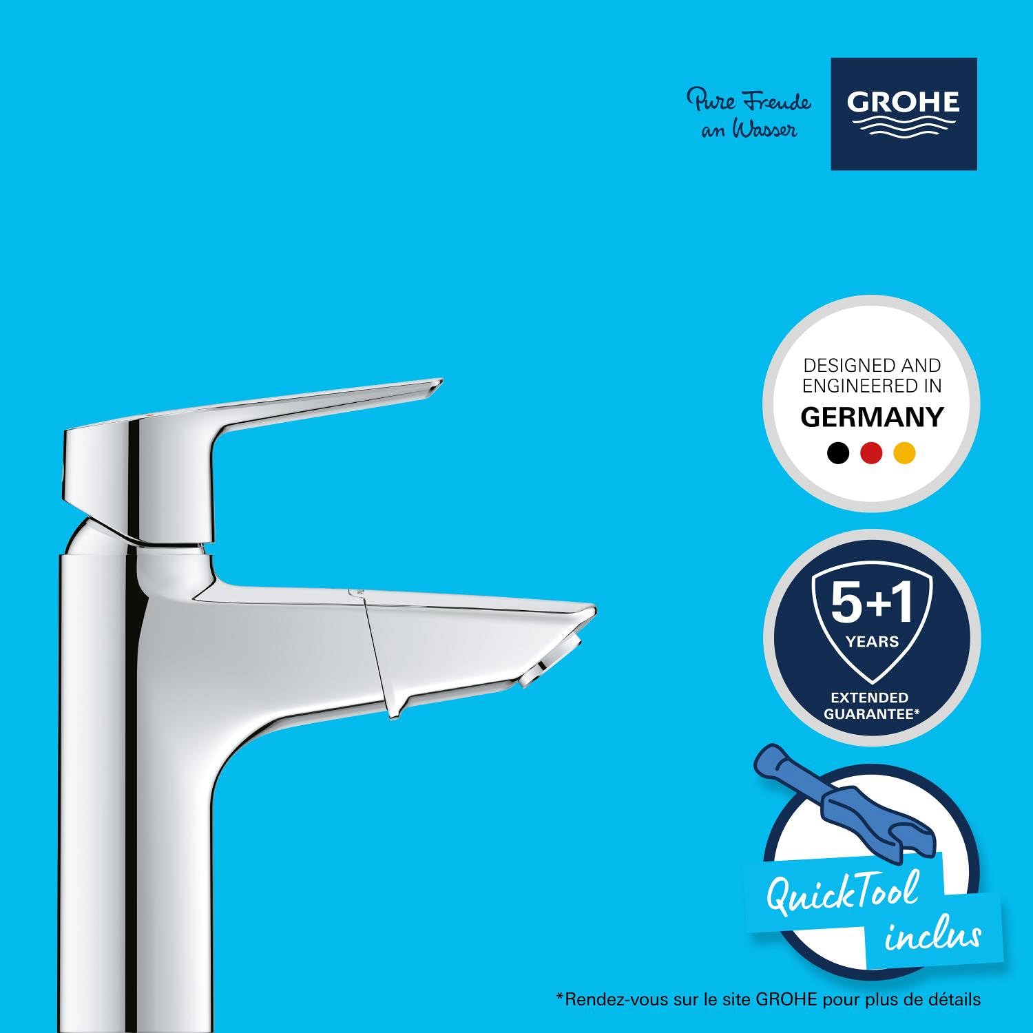 GROHE QUICKFIX Start Mitigeur Monocommande Lavabo de Salle de bains, Douchette Extractible, Mousseur Economie d'Eau, Sans Tirette de Vidage, Taille M, Chromé, 24205003 (Import Allemagne)
