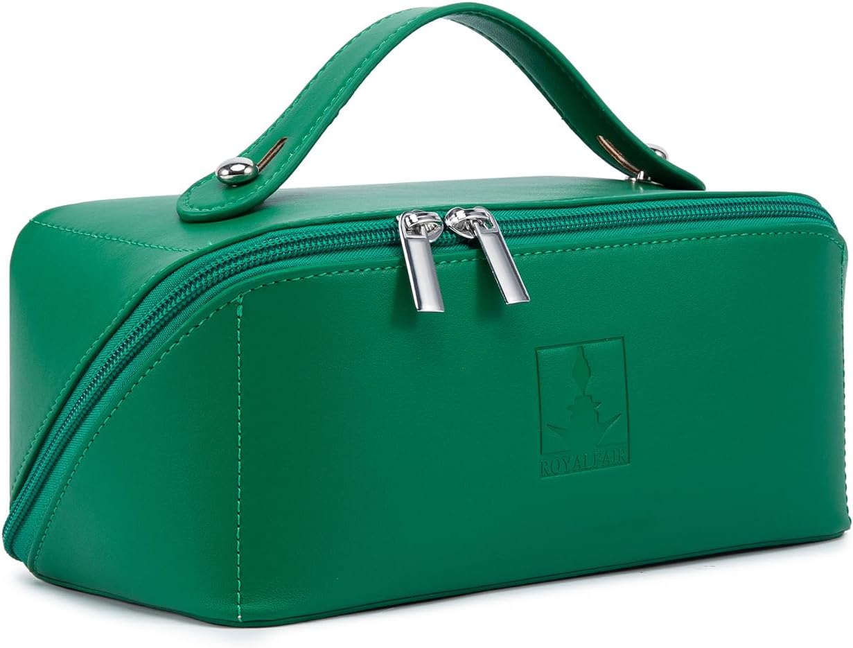 ROYALFAIR Travel Makeup Bag,Large Capacity Cosmetic Bags for Women, PU Leather Waterproof Portable Pouch Open Flat Toiletry Bag Make up Organizer with Divider and Handle (Green)