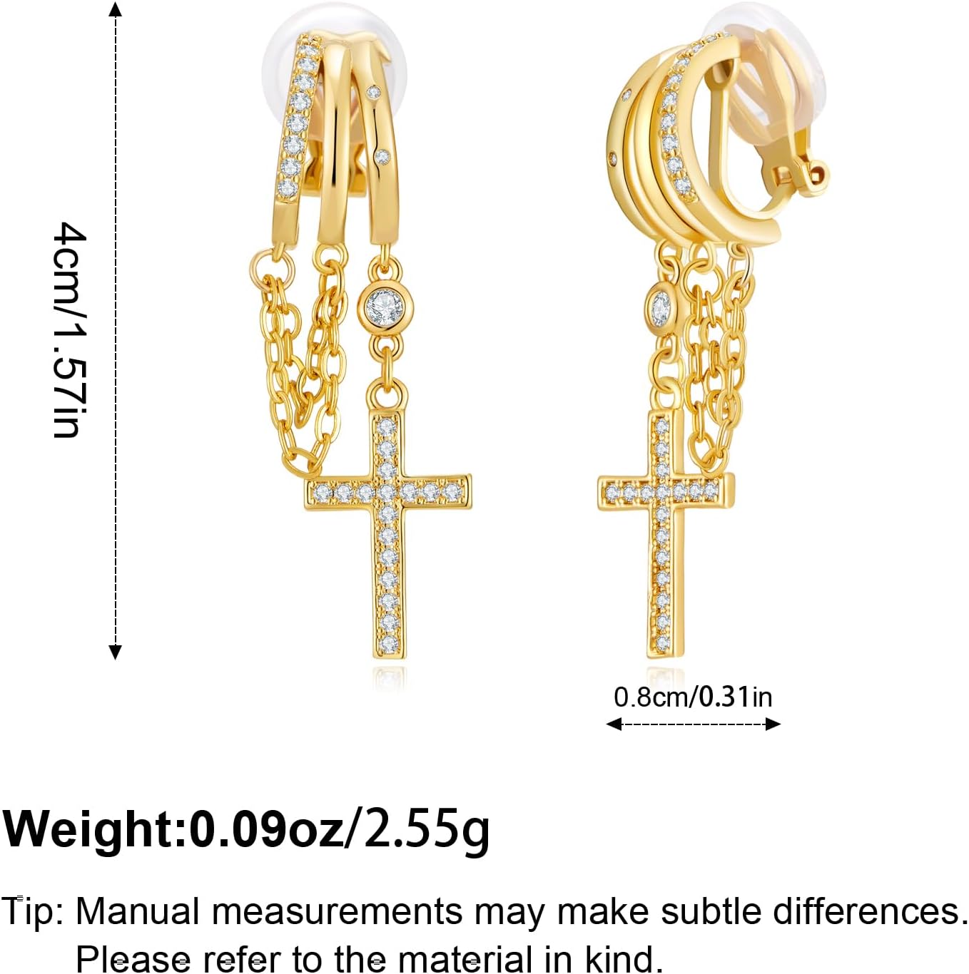14K Gold Plated Crystal Cross Clip On Earrings for Women - Non Piercing Triple Huggie Dangle Chain Hoops Earrings, Punk Chunky Christianity Statement Cross Earrings - Image 6