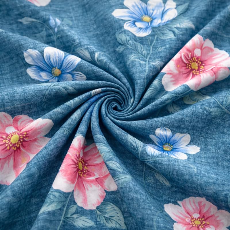 Image of THEA Elastic Fitted Double Bedsheet Set| 100% Cotton Like Soft Fabric | Double Bedsheet for Double Bed (72 X 78 x 6 inches) with 2 Pillow covers,Royal Teal Flora